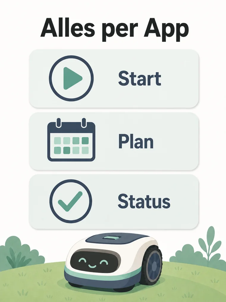 Infografik: Mähroboter per App steuern – Start, Zeitplan und Status