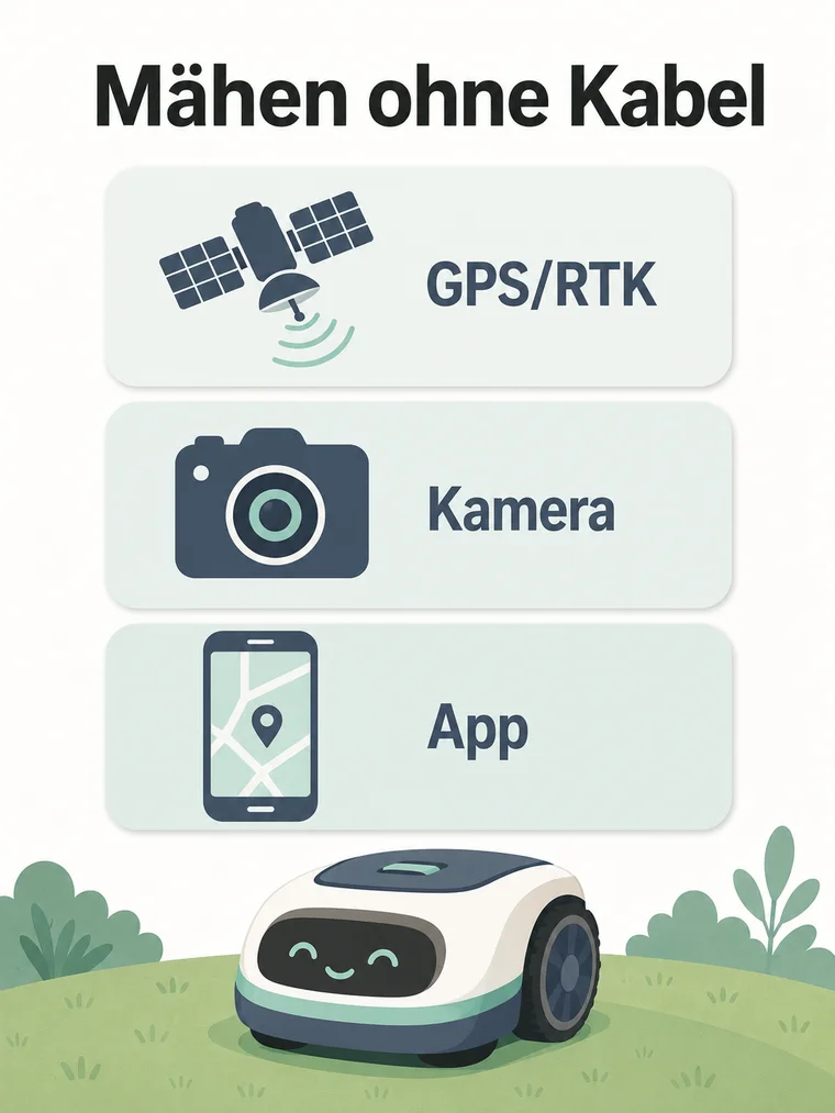 Infografik: Mähen ohne Kabel mit GPS/RTK, Kamera und App-Steuerung