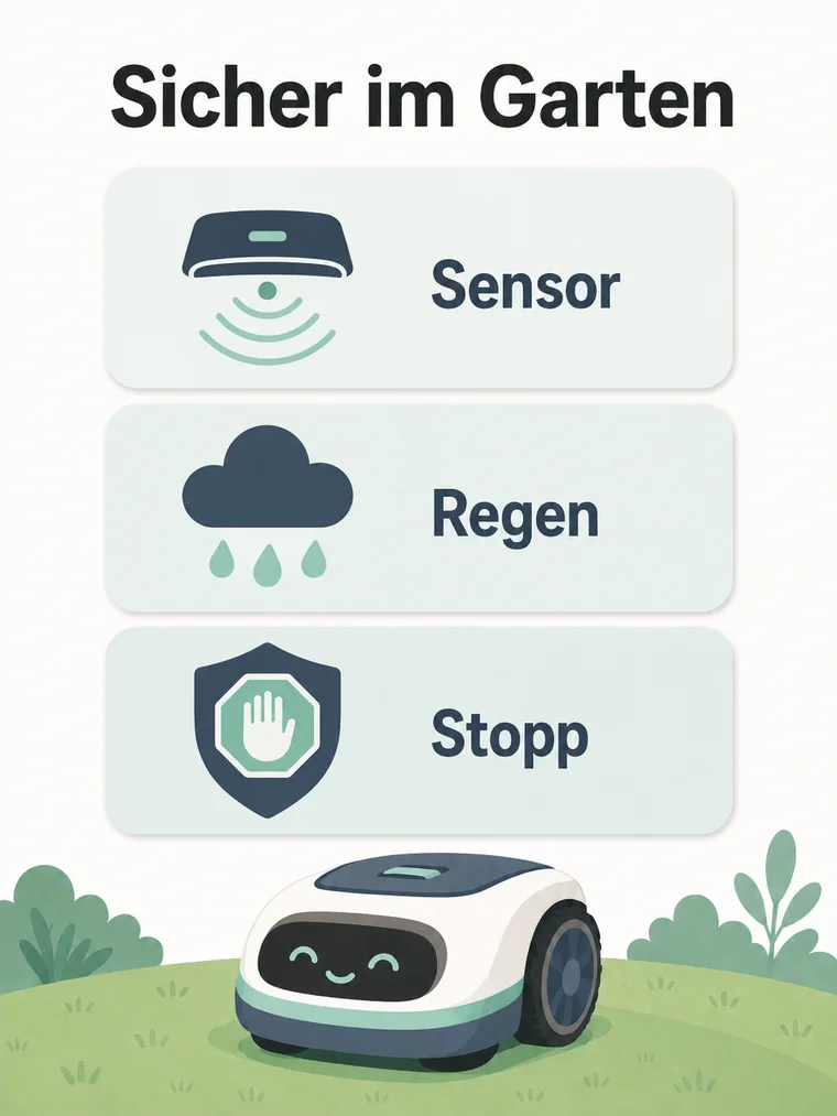 Infografik: Sicher im Garten – Sensoren, Regenpause und Sicherheitsstopp