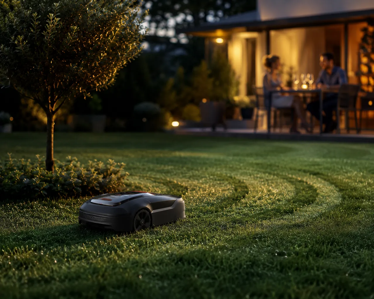 Mähroboter mäht am Abend den Rasen, während ein Paar auf der beleuchteten Terrasse sitzt