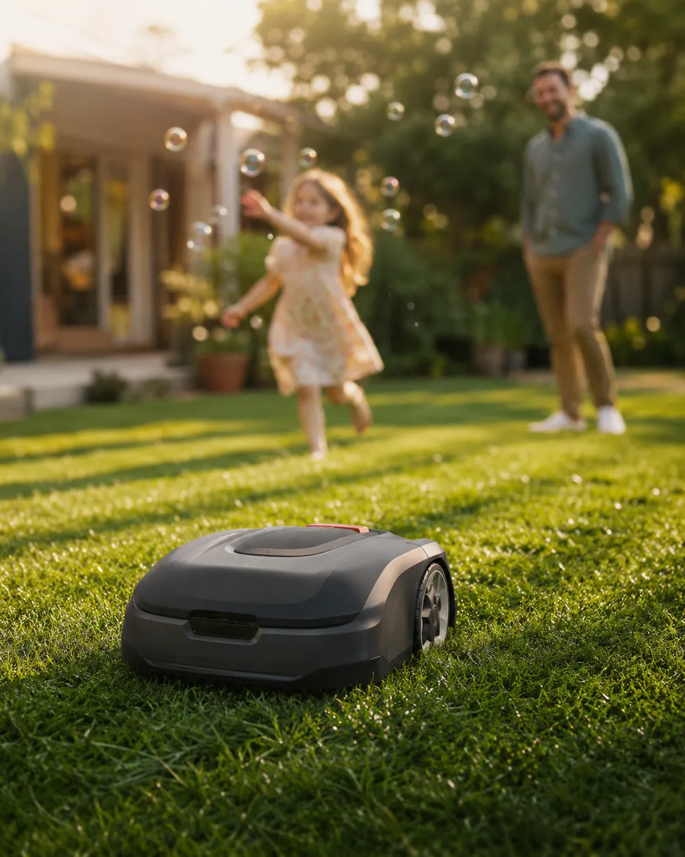 Kind pustet Seifenblasen auf dem Rasen, Mähroboter im Vordergrund – unbeschwerter Garten