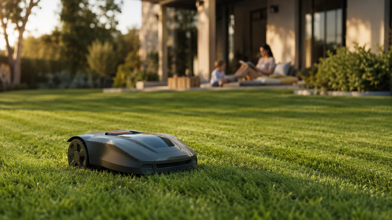 Mähroboter mäht den Rasen, während eine Familie entspannt im Garten die Freizeit genießt