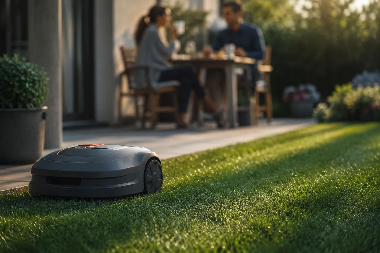Mähroboter mäht den Rasen, während ein Paar entspannt auf der Terrasse frühstückt