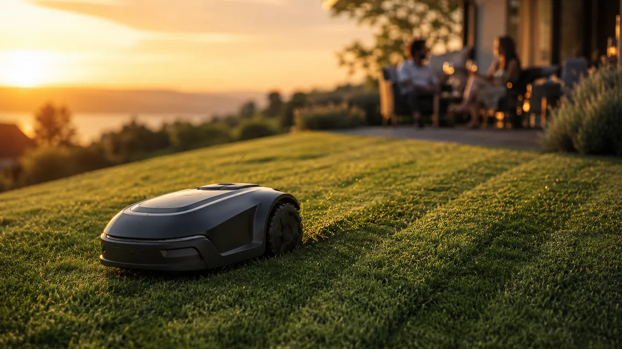Mähroboter mäht einen Hanggarten im Sonnenuntergang, Paar auf der Terrasse im Hintergrund