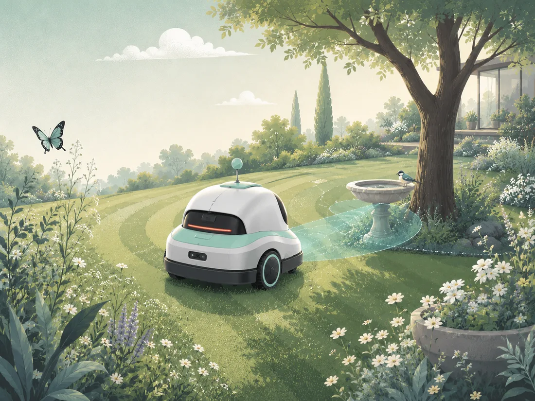 Mähroboter erkennt ein Hindernis und weicht einem Vogelbad aus – Illustration der Kamera-Navigation