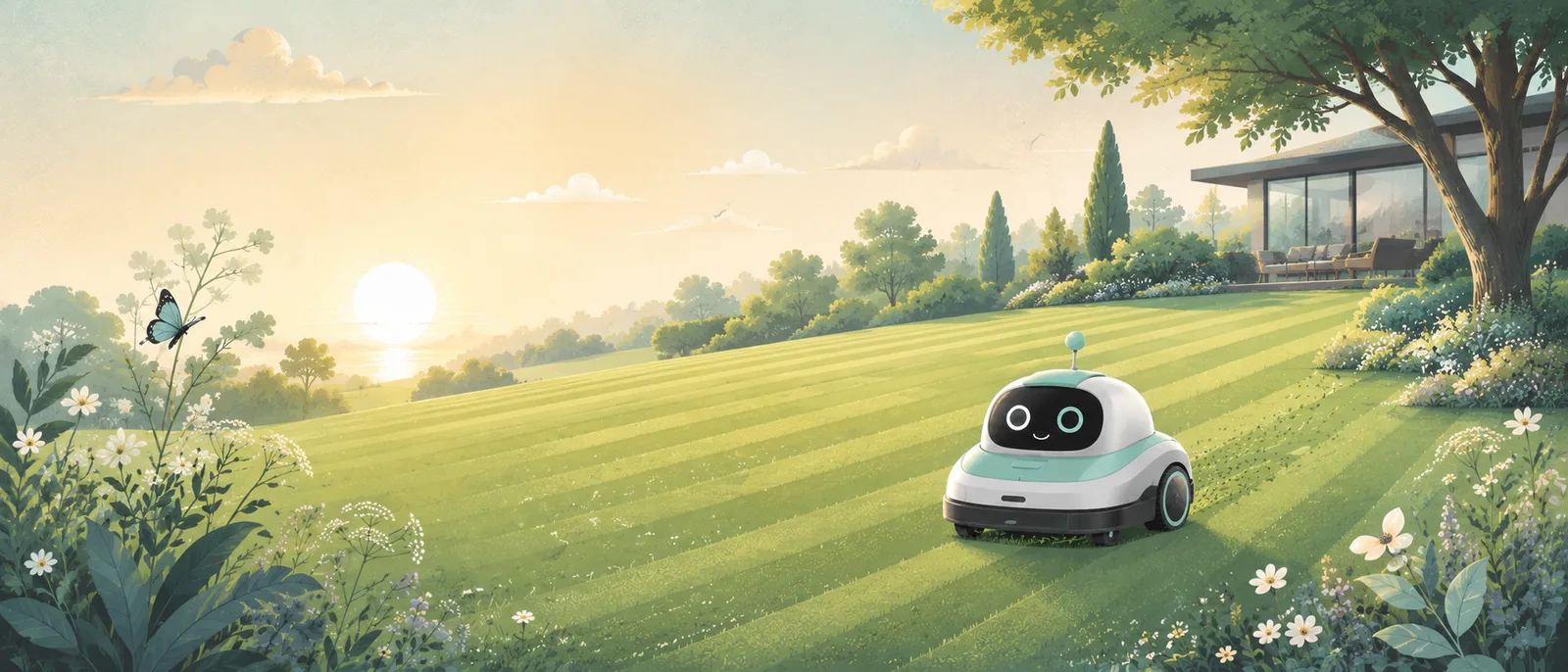 Mähroboter zieht im weitläufigen Garten bei Sonnenaufgang saubere Bahnen – Illustration