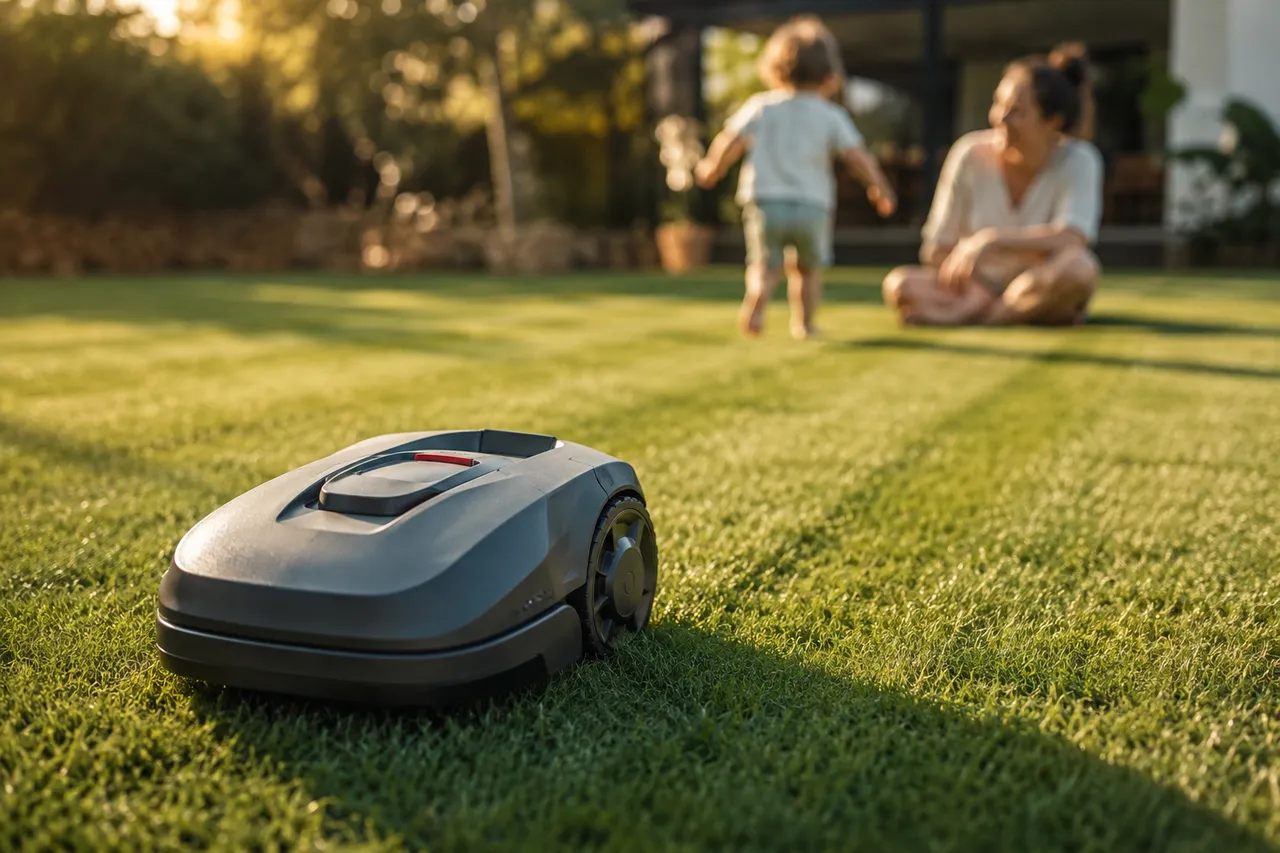 Kind spielt barfuß auf dem Rasen, während der Mähroboter im Vordergrund mäht