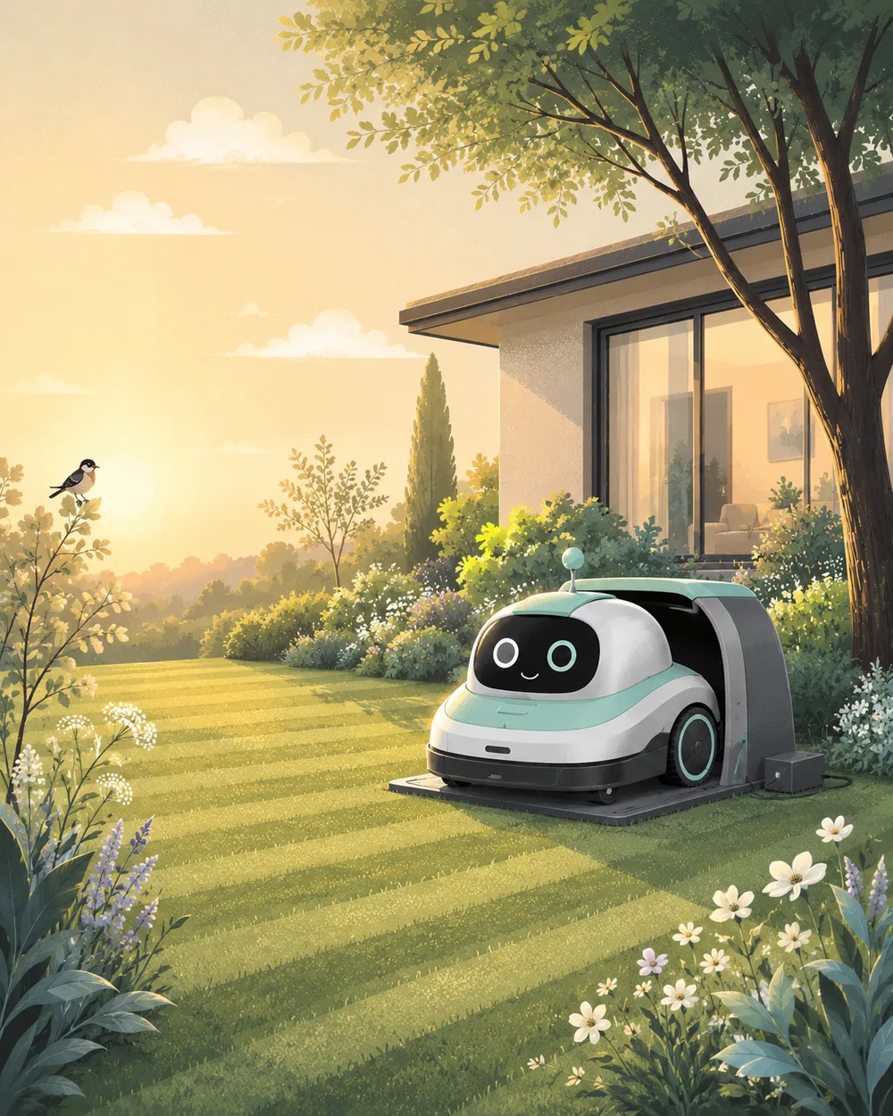 Mähroboter fährt zur Ladestation am Haus zurück – Illustration zum Akku-Laden
