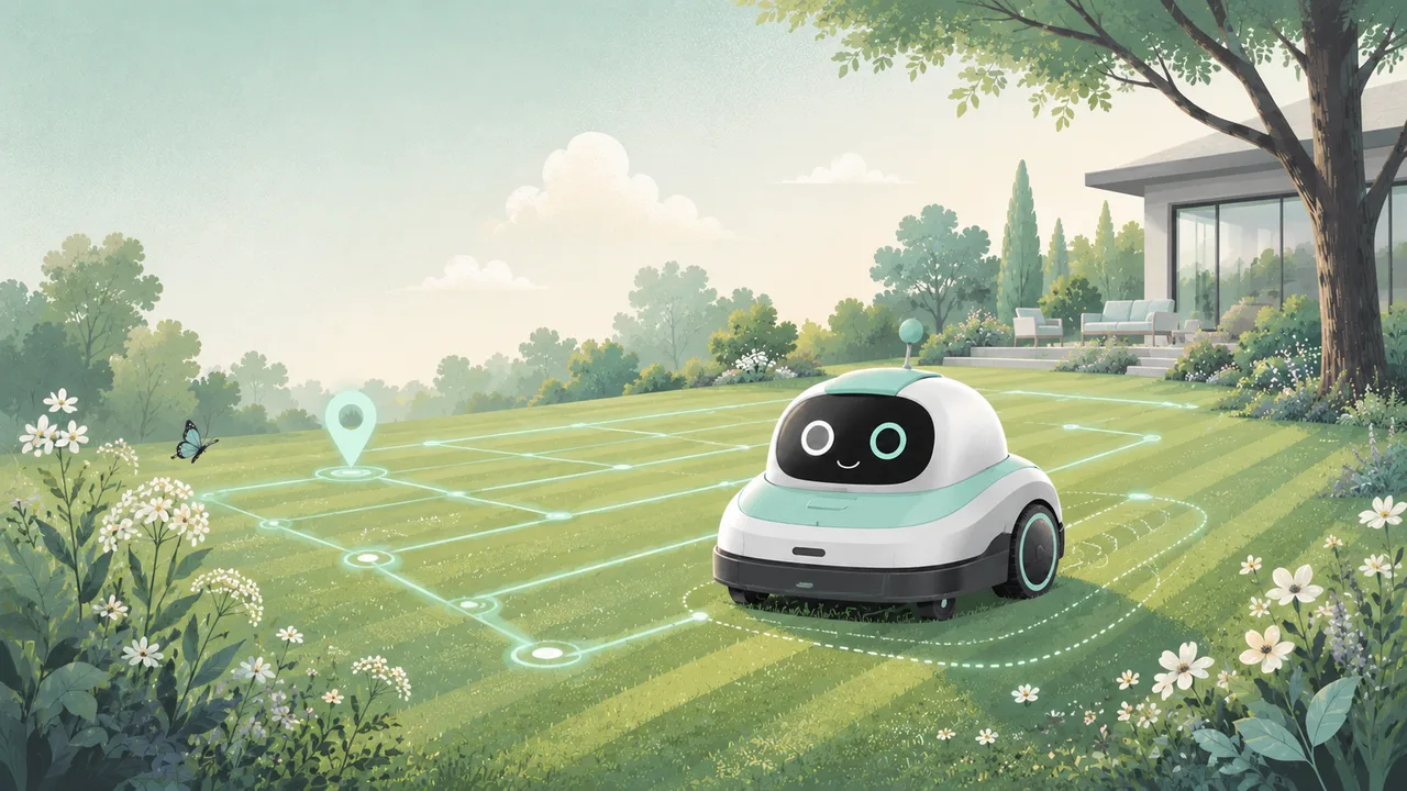 Mähroboter navigiert per RTK über ein präzises Bahnenraster im Garten – Illustration