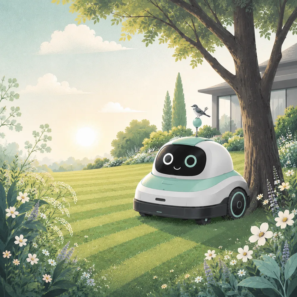 Mähroboter ruht unter einem Baum im herbstlichen Garten – Illustration zum Überwintern