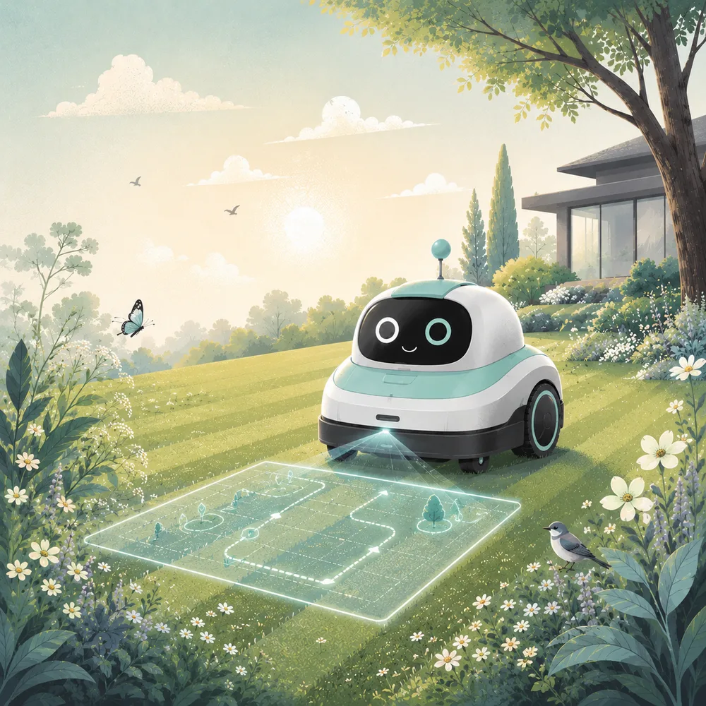 Mähroboter legt per App Mähzonen im Garten an – Illustration zur Einrichtung